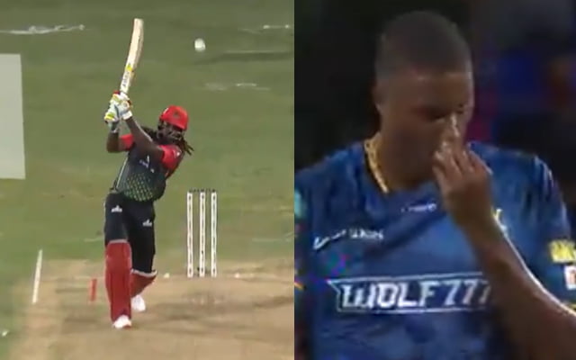 Chris Gayle hits a massive six against Jason Holder