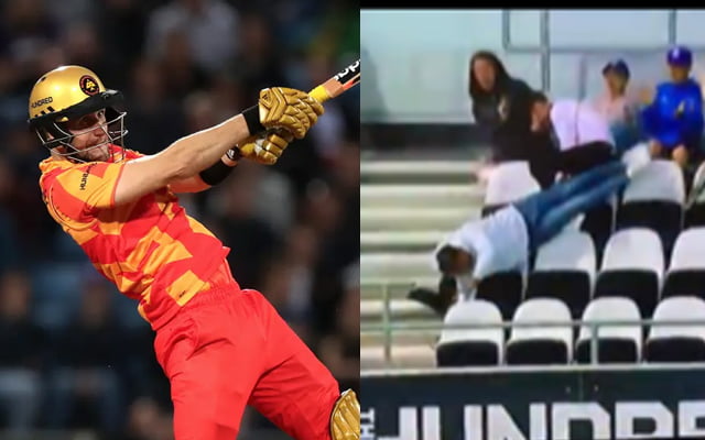 A fan fell while catching the ball hit by Liam Livingstone