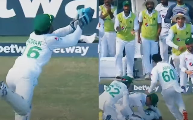 Mohammad Rizwan taking a brilliant catch to dismiss Jomel Warrican