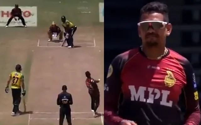 Sunil Narine bowls a maiden over against Andre Russell