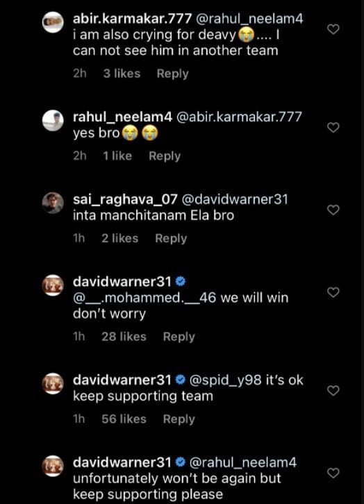 David Warner comment on Instagram