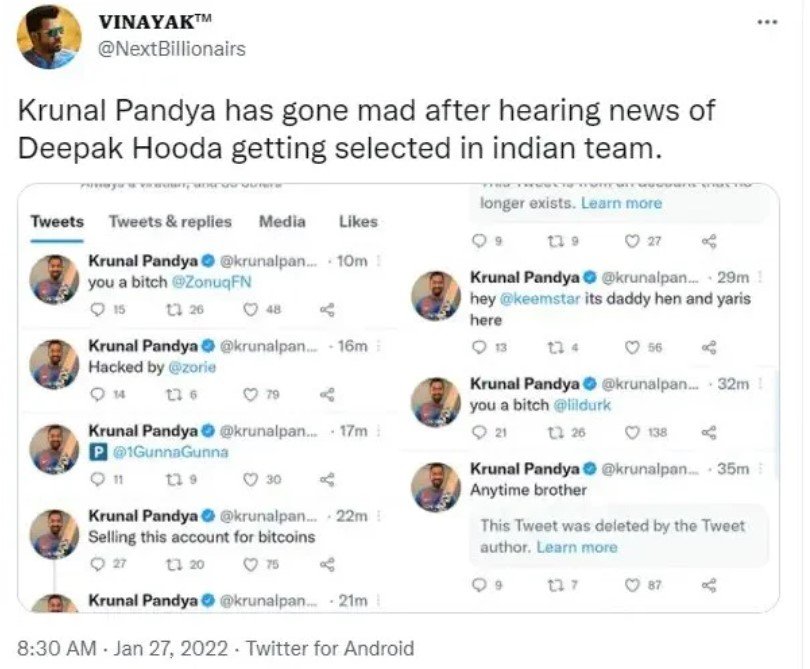 Fans reckon Krunal Pandya drunk tweeted after his omission from Team India