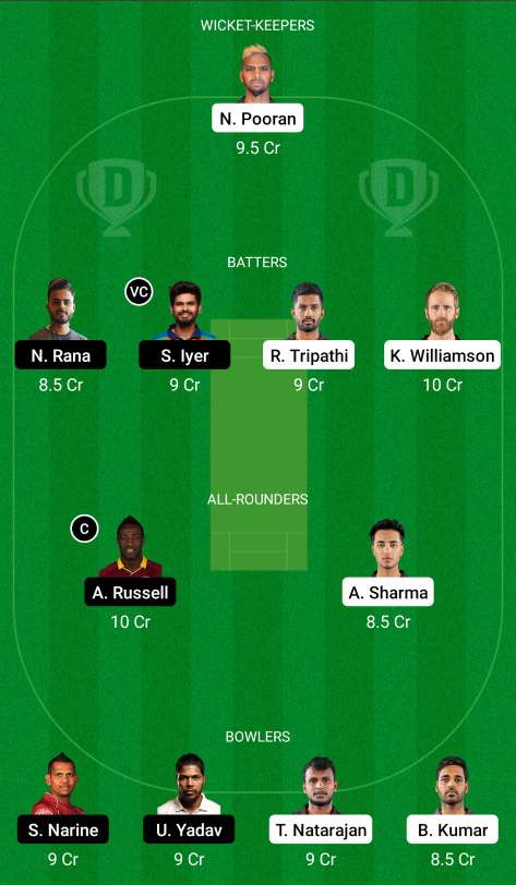 SRH vs KOL Dream11 Team 1